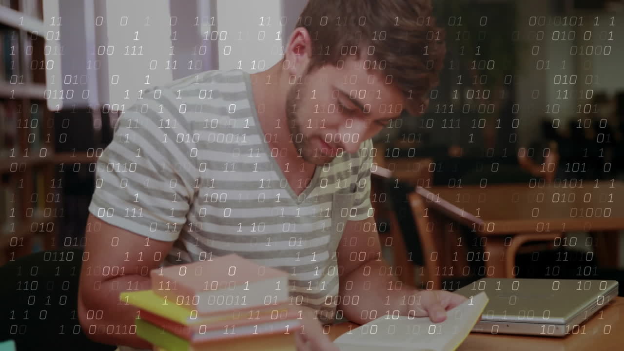 도서관에서 책으로 공부하는 남자에 대한 이진 코드 애니메이션