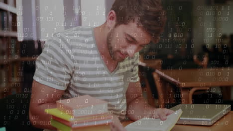 binary code animation over man studying with books in library