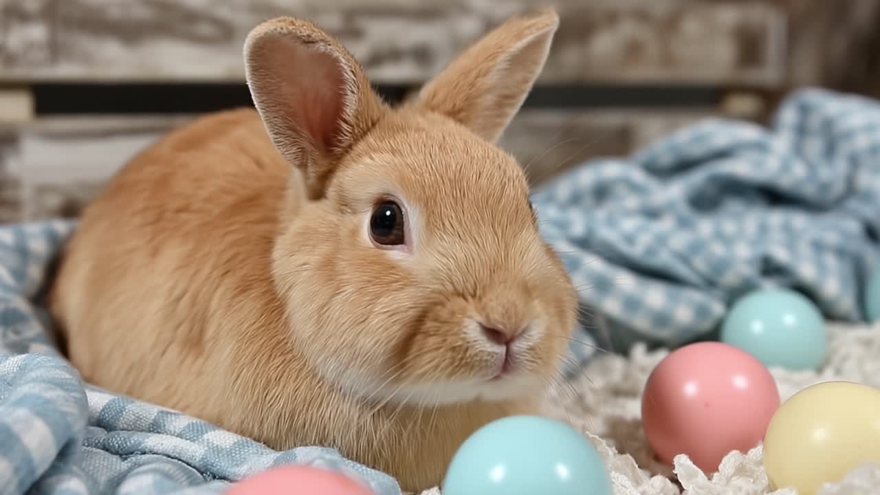 Un Tenero Coniglietto Circondato da Uova di Pasqua Colorate in un Ambiente Accogliente, Irradiando Gioia e Fascino in Ogni Fotogramma di Questo Adorabile Video