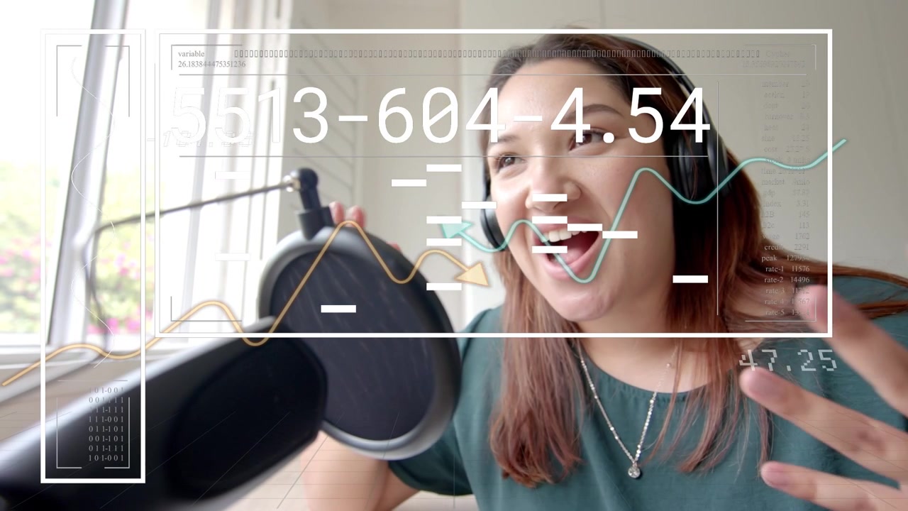 Female voice talent leaning into mic and recording take by window, overlay showing moving waveforms
