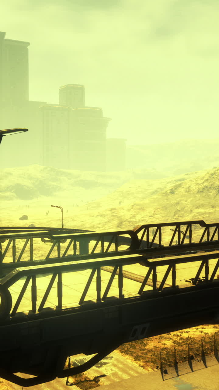 Urban landscape under a yellow sky reveals a distant futuristic city