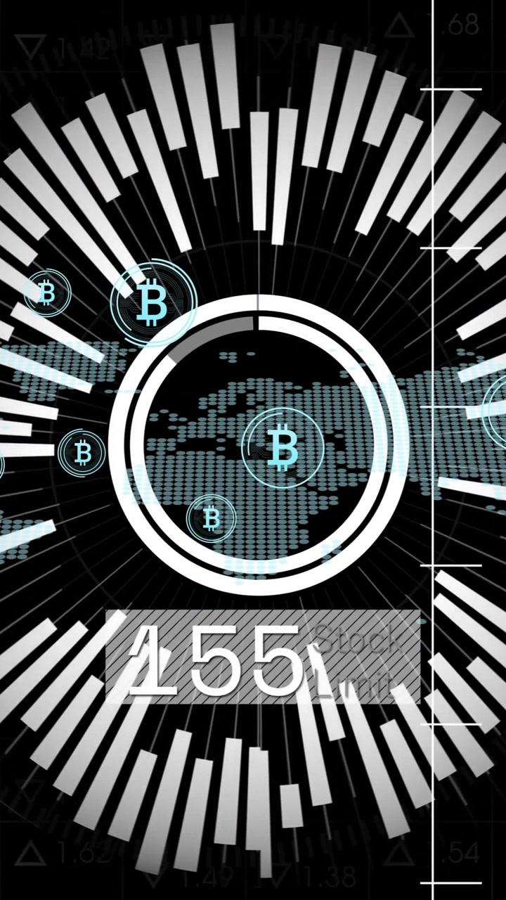 Animation of data processing with bitcoin icons over world map on black background