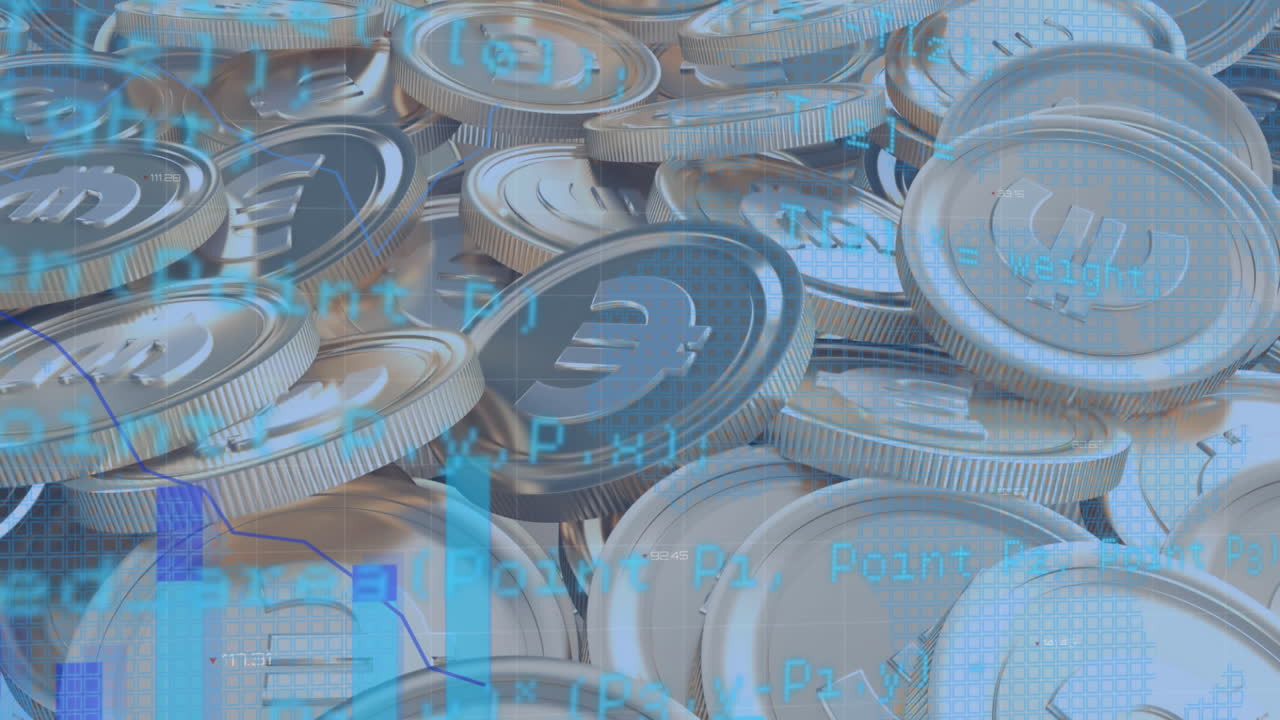 유로 화폐 동전에 대한 금융 데이터 처리의 애니메이션