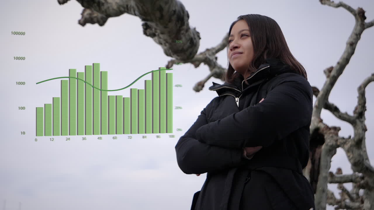 una mujer de negocios exitosa posa orgullosamente frente a un gráfico que muestra una tendencia positiva