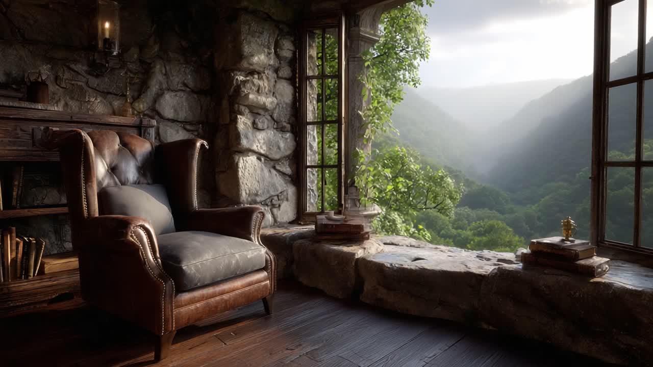 A Cozy Leather Chair Overlooking a Serene Mountain Valley, Bathed in Gentle Natural Light, Offering a Perfect Retreat for Relaxation and Reflection