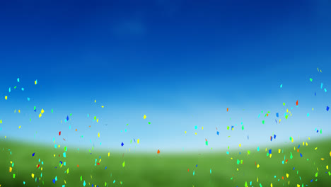 animation of multi coloured confetti falling over blue sky and grass