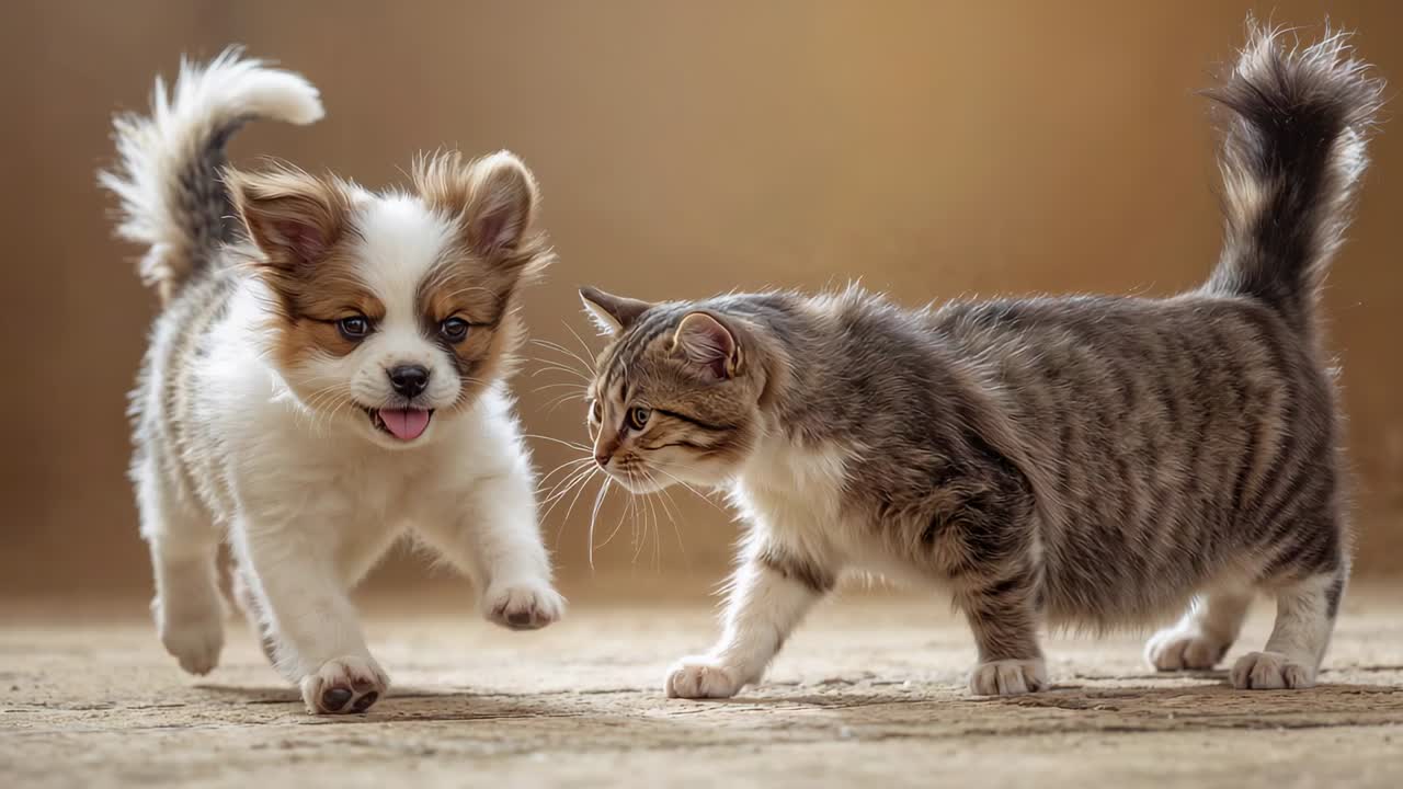 Cucciolo bianco-marrone che rotola di fronte alla telecamera, gattino soriano grigio che cammina verso l'obiettivo, che gioca su un tappeto, sfondo caldo