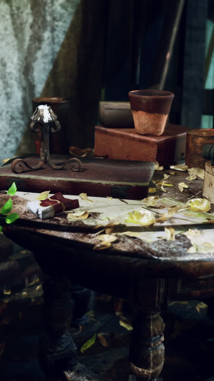 mesa rústica de naturaleza muerta con hojas y candelabro