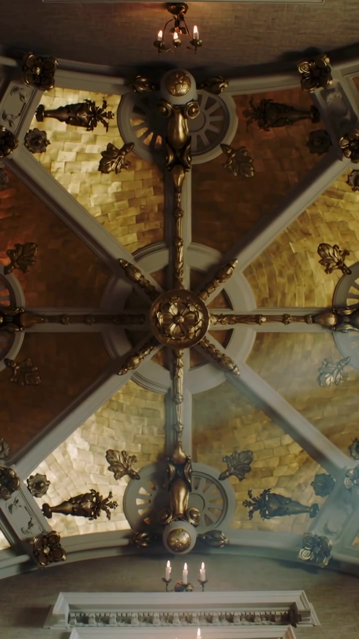 Vertical video: User tilting phone camera panning chapel ceiling, showing central boss and ribs