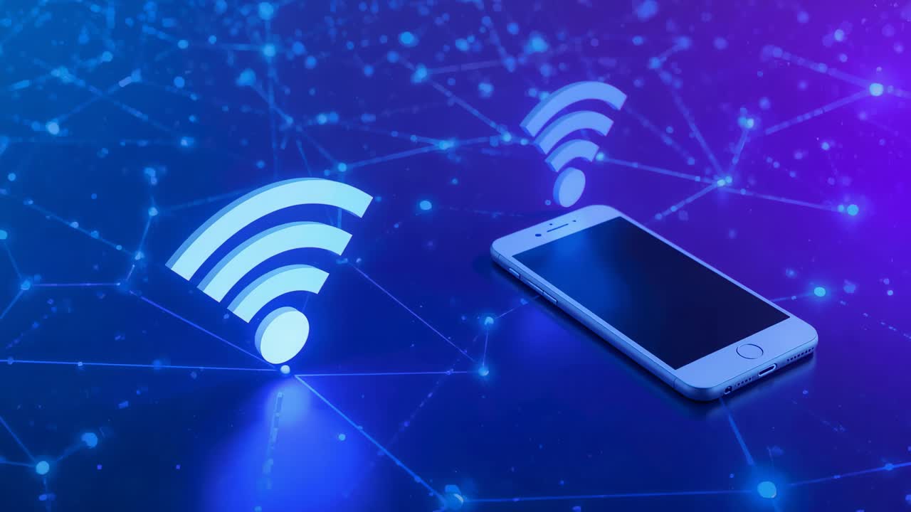 Pulsing Wi-Fi icon sending signal across plane toward phone via node grid to connect, copy space