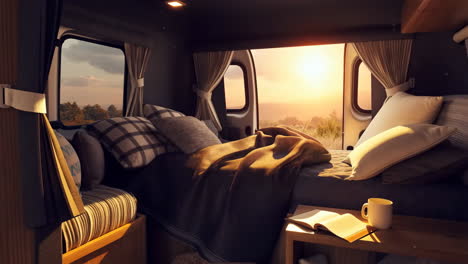 cozy camper van interior at sunset with a view