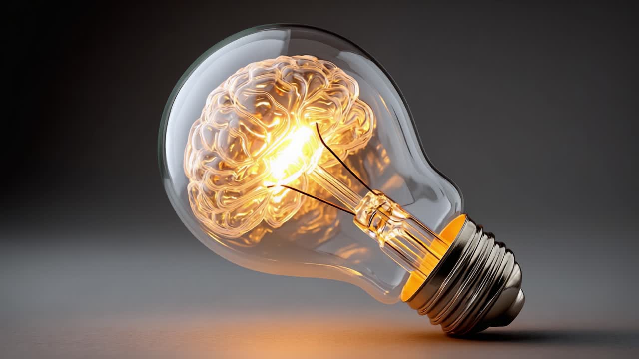 A Unique Fusion of Creativity and Intelligence: A Transparent Light Bulb Housing a Glowing Brain, Symbolizing Innovative Ideas and Bright Insights in a Minimalist Setting