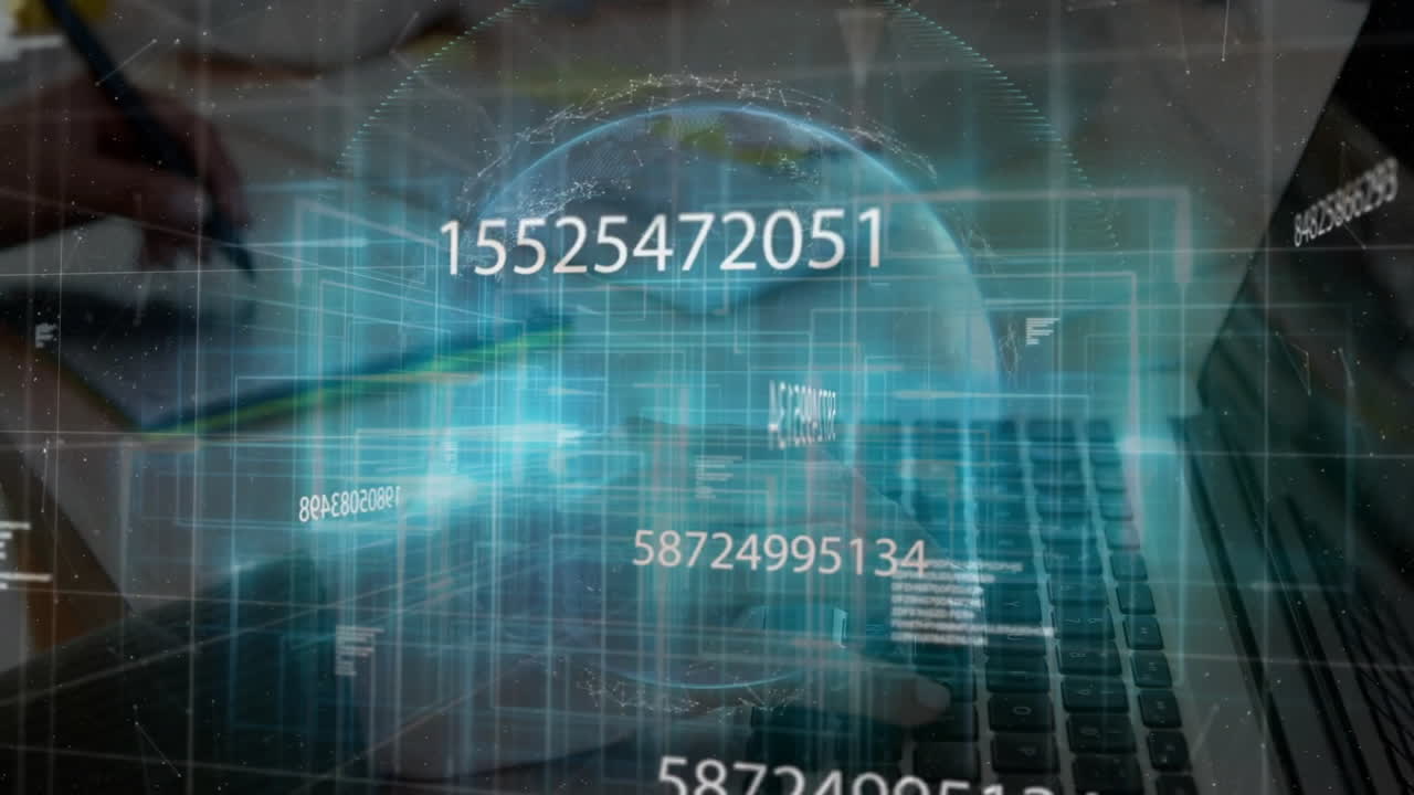 Woman writing in notebook at desk, overlaying finance technology globe and streaming numeric grid