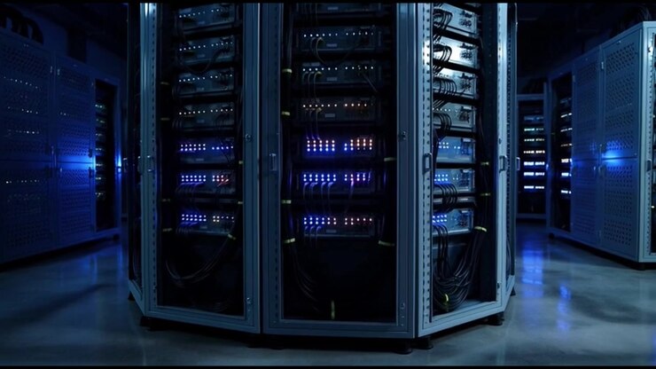 Rows of Server Racks in a Modern Data Center