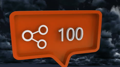 animation of share icon with numbers on speech bubble over sky and clouds