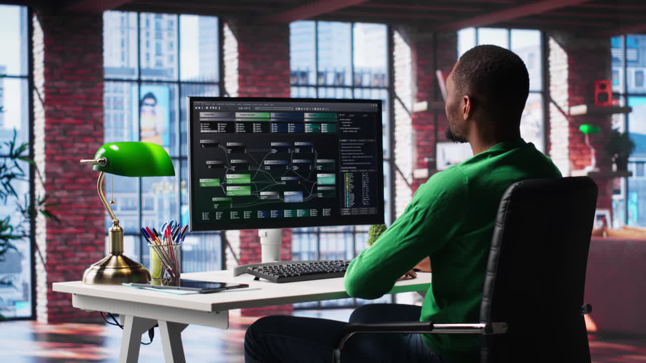 Vertical Video African american engineer at home working on visual coding on terminal window