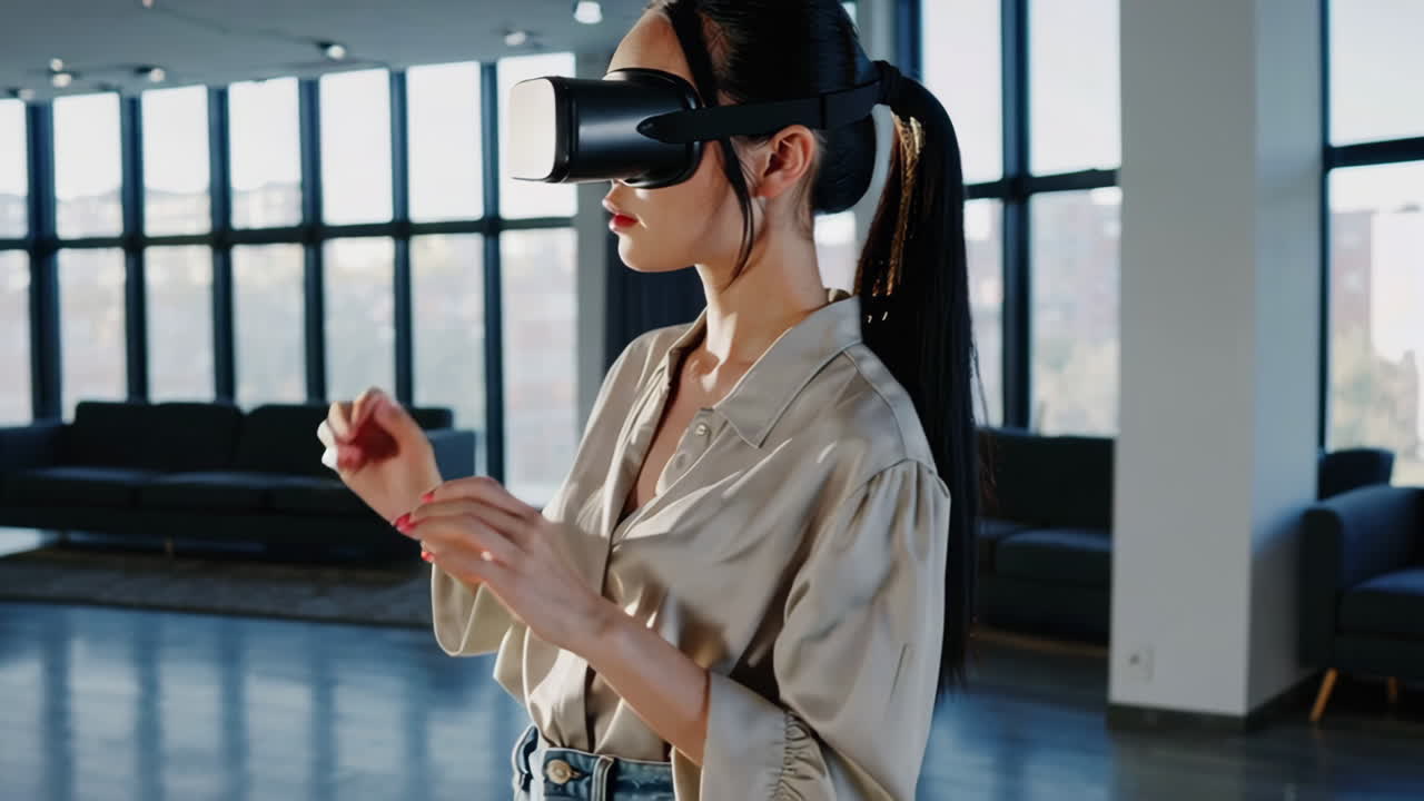 Donna che sperimenta la VR in un ufficio moderno