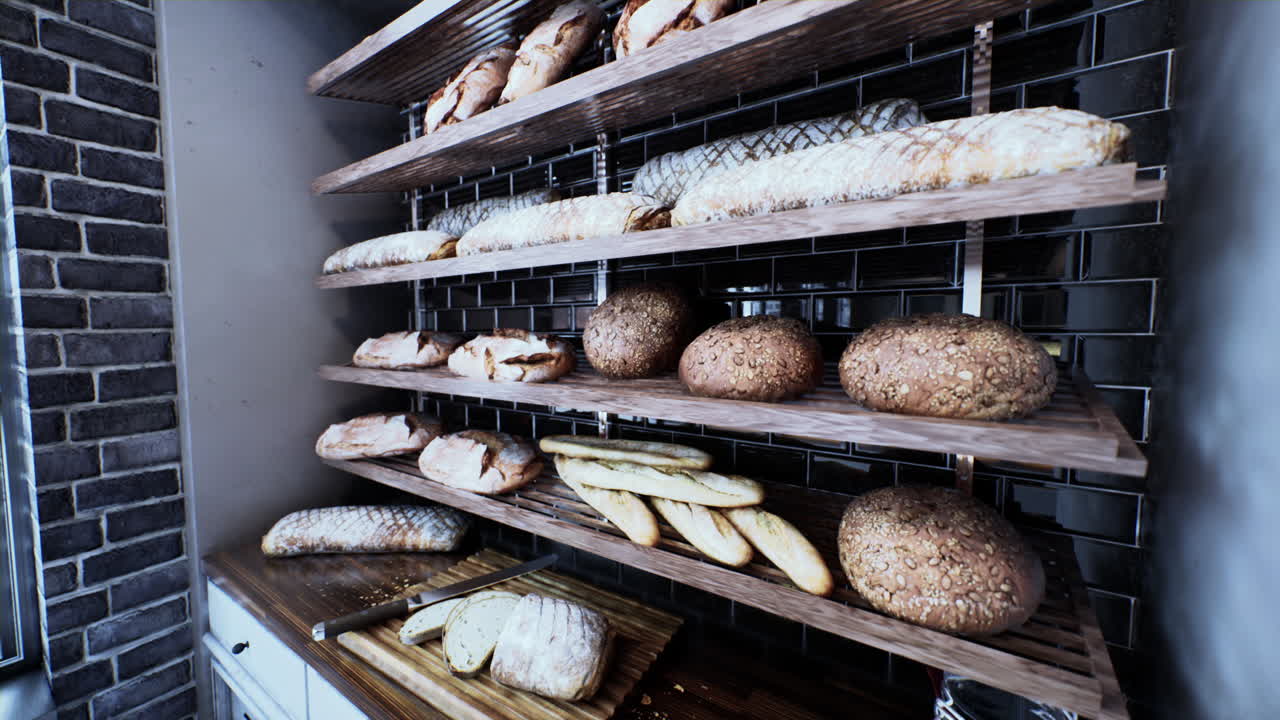 Fresh bread on shelves in bakery