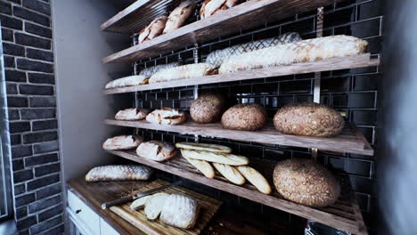 fresh bread on shelves in bakery