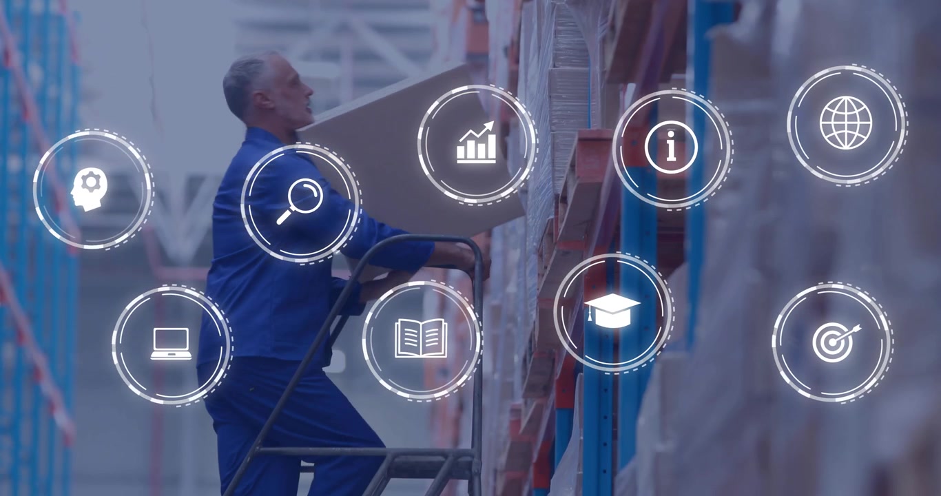 Organizing boxes in warehouse, worker interacts with animation of digital icons