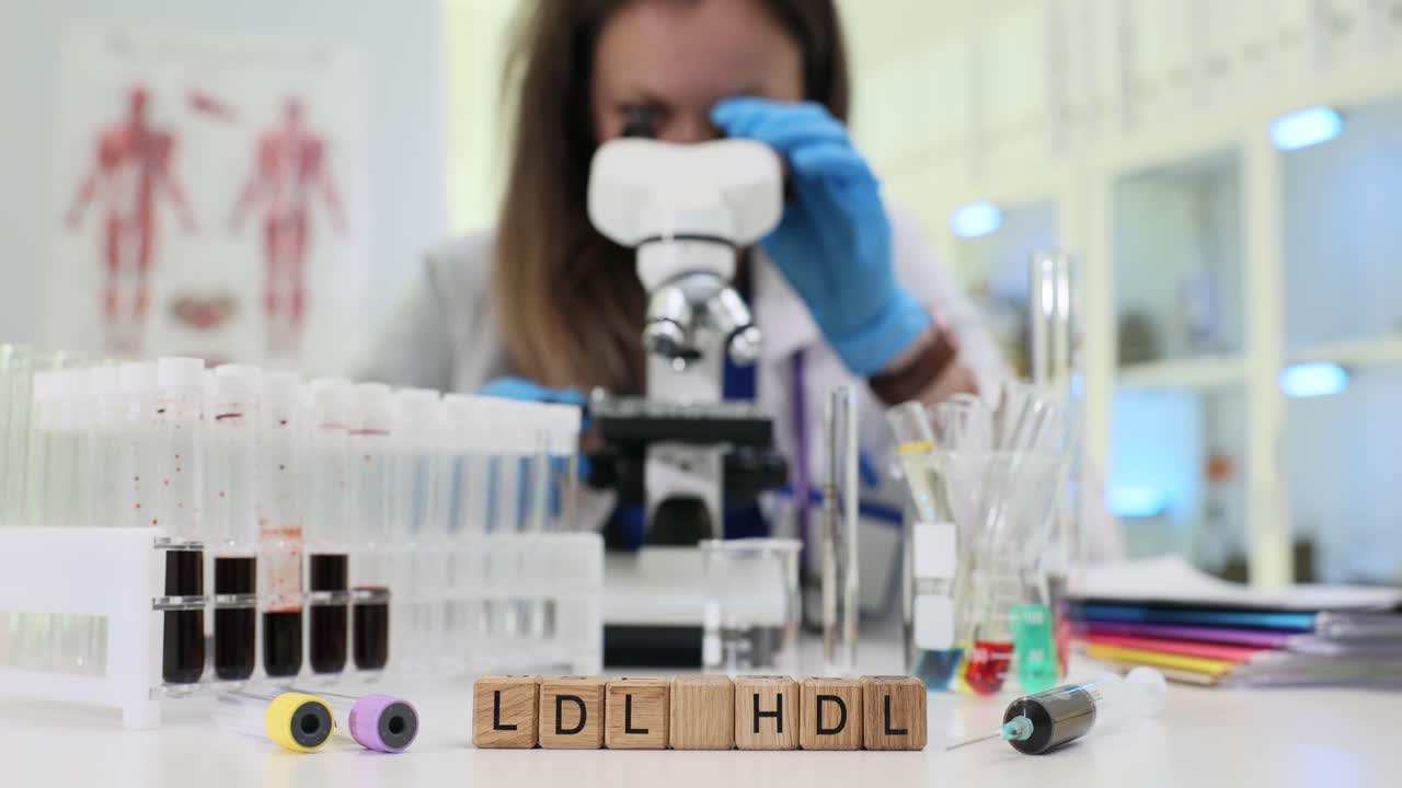 Wooden blocks spell abbreviation ldl hdl on laboratory desk