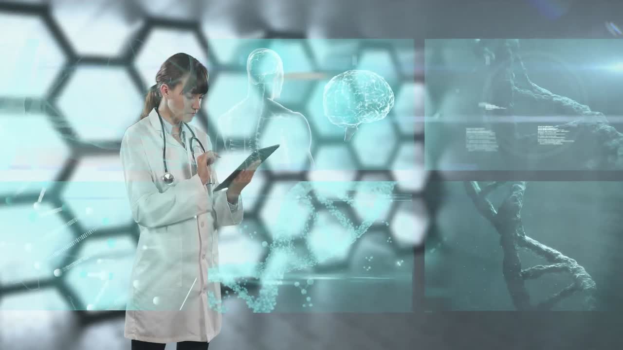 Animación de doctora usando una tableta digital y procesamiento de datos