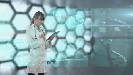 Animation-of-female-doctor-using-a-digital-tablet-and-data-processing-
