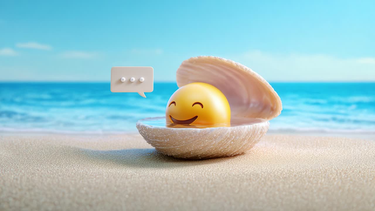 A Joyful Sea Shell Scene Featuring a Yellow Smiley Face, Sparkling in the Sunlight Against a Beautiful Ocean Background, Evoking Feelings of Happiness and Relaxation