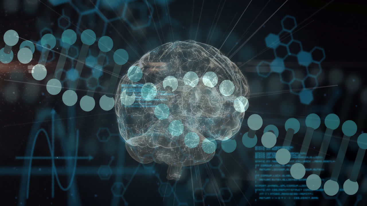Animation of data processing over dna strands and brain