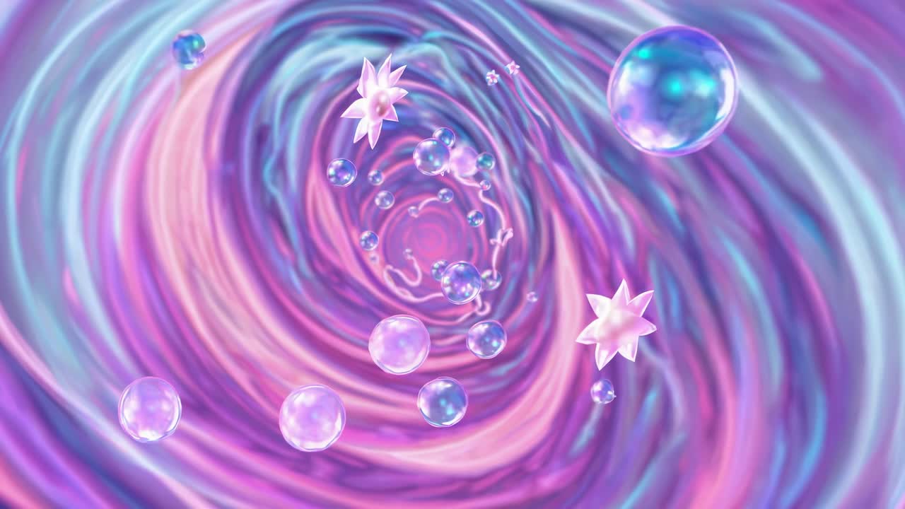 A mesmerizing video scene with a swirling vortex of pastel colors and floating bubbles