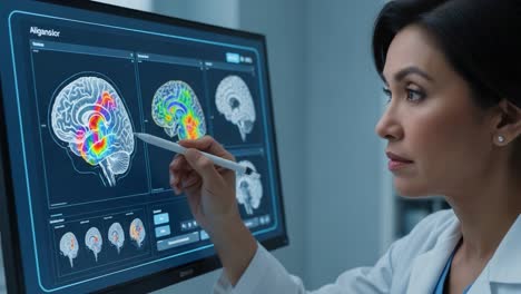 a neuroscientist analyzing brain scans with advanced imaging technology, highlighting brain activity patterns and cognitive function understanding