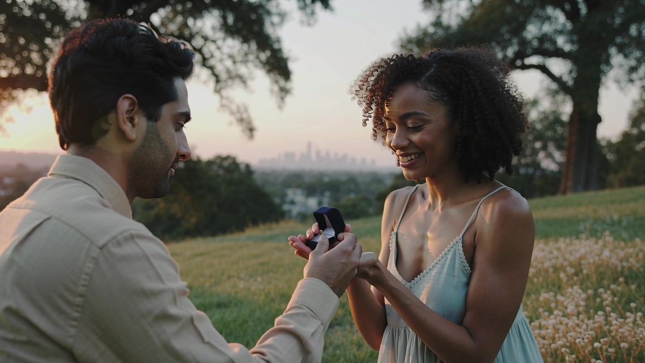 Kneeling man presenting dark ring box proposing to woman on grassy slope, light shirt, blue dress