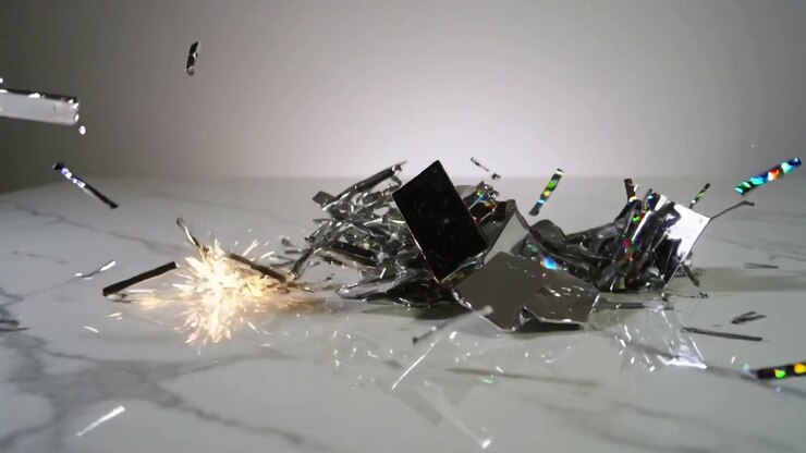 Impacting reflective rectangle breaking into spinning shards on marble tabletop, creating sparks
