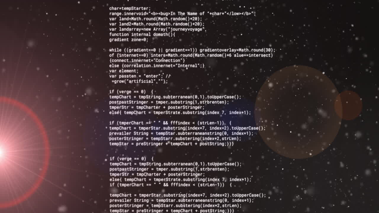 Animation of glitching data processing over bokeh spotlights and white lights on dark background