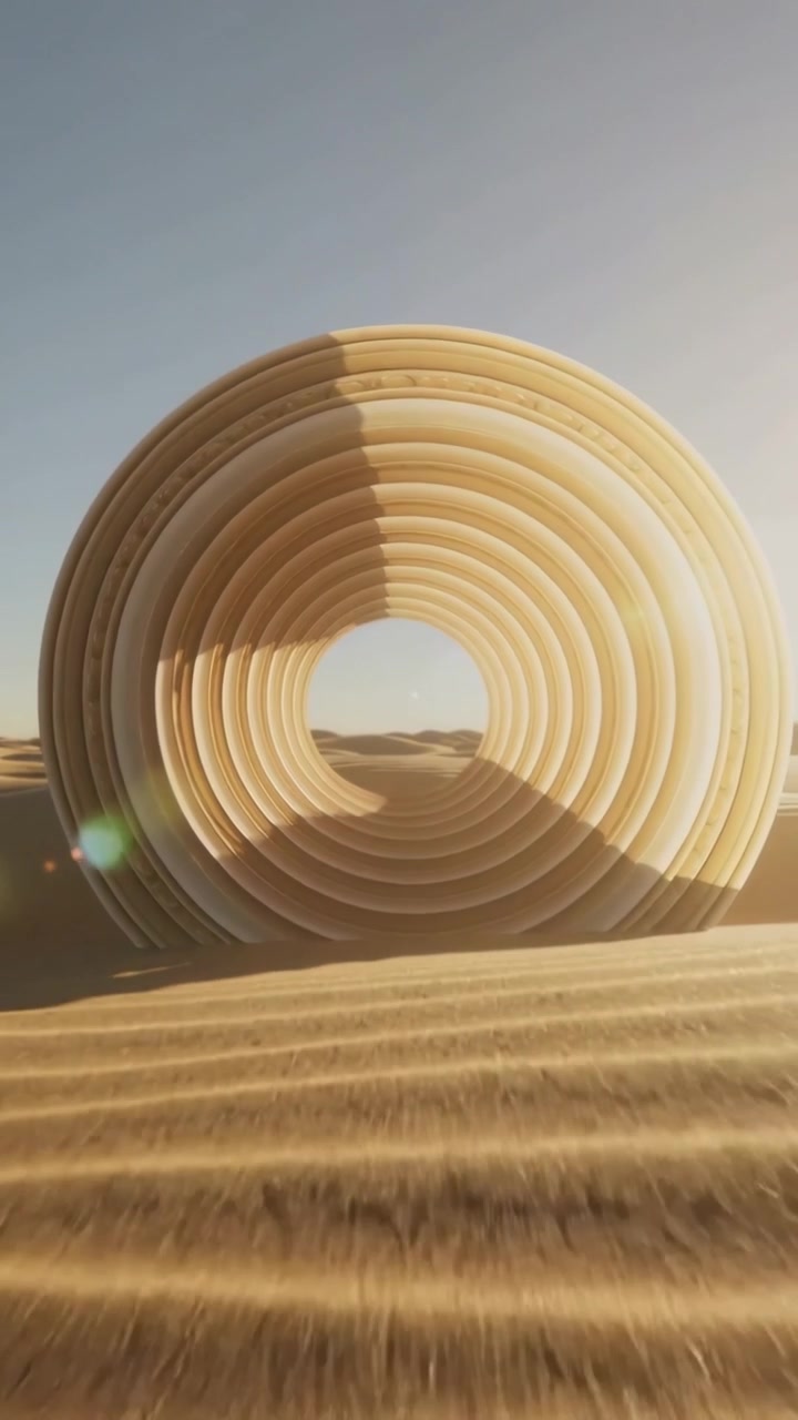 Video vertical: Cámara alejándose revelando un gran anillo acanalado en las dunas para mostrar el horizonte, con un destello.