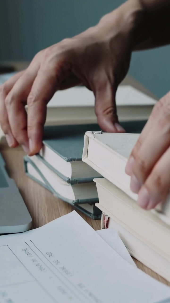 Vertical video: Arranging hands stacking beige green books at desk, aligning forms to clear laptop