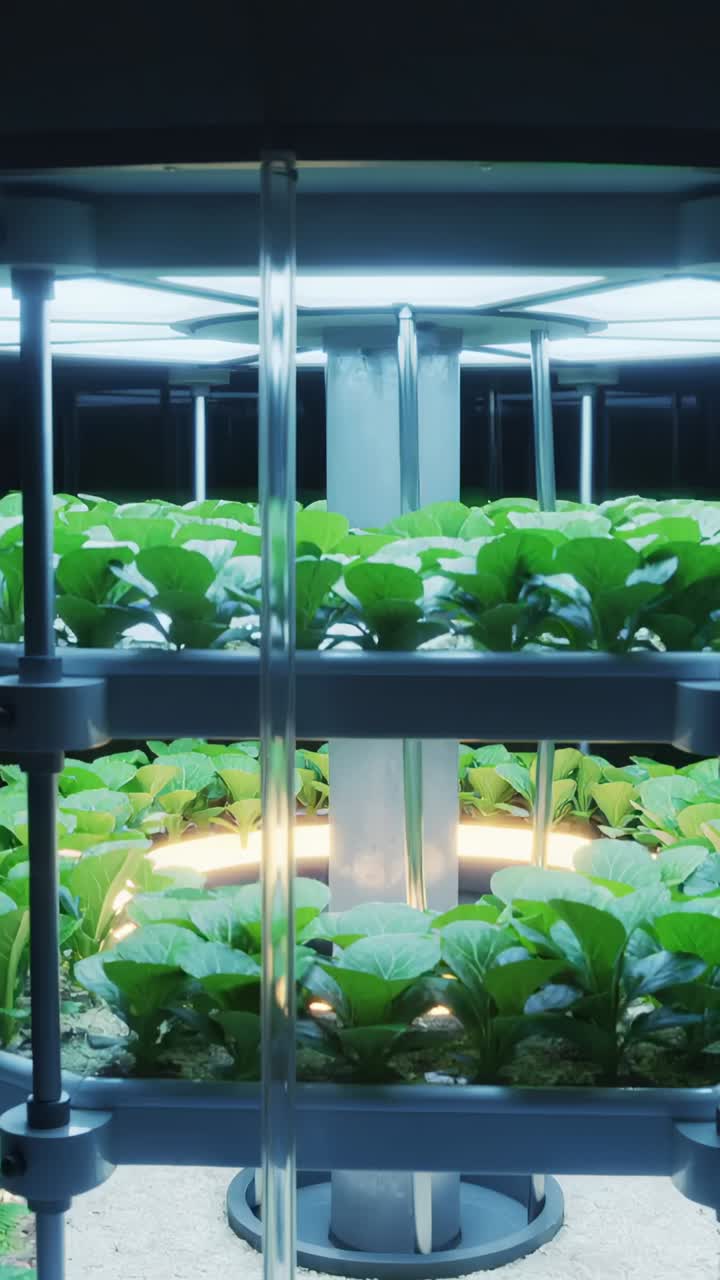 Video verticale: rotazione di un sistema verticale che espone le parti verdi superiori o inferiori sotto anelli LED in una grow room
