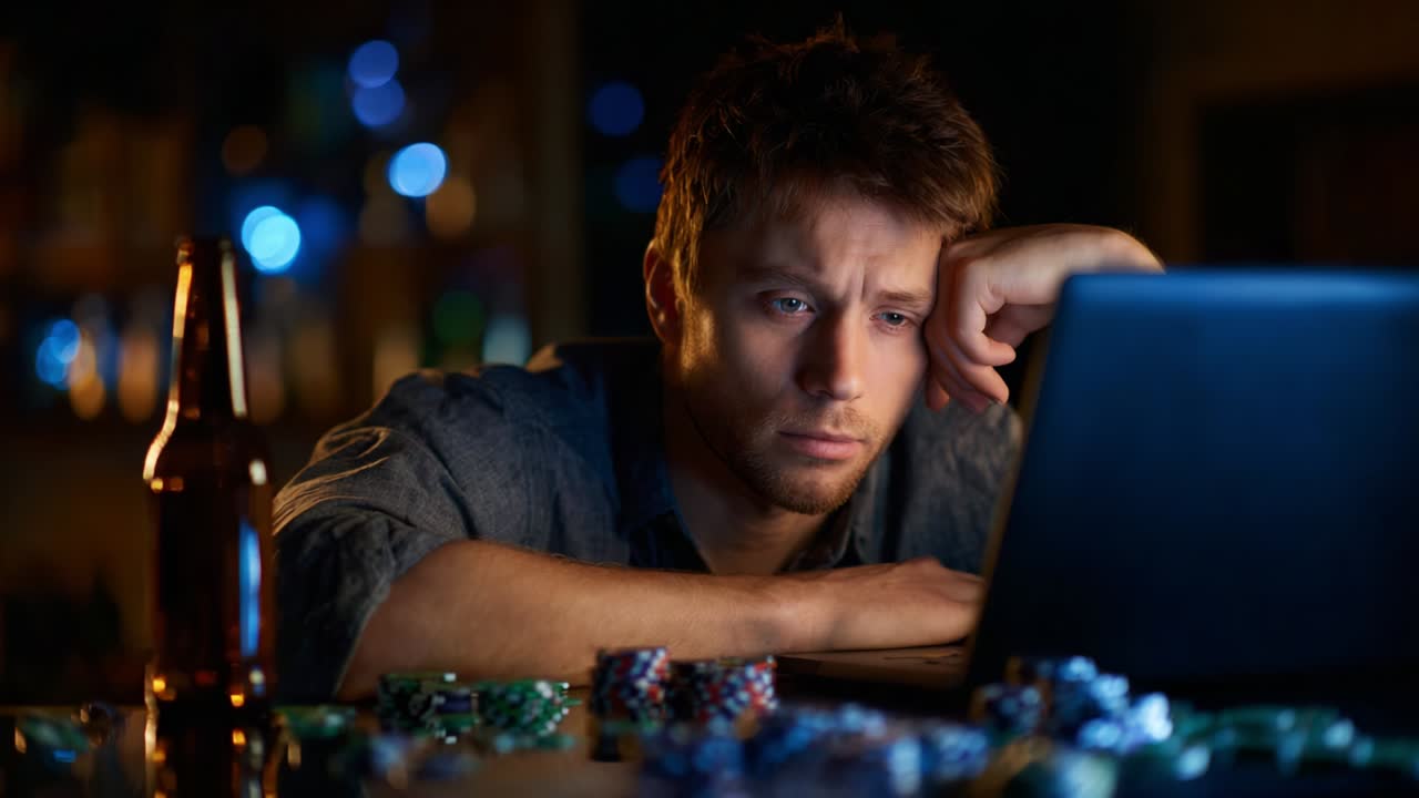 A man appears deeply engrossed and contemplative while sitting at a poker table with low lighting, surrounded by poker chips and a bottle, as he stares intently at his laptop screen, reflecting a moment of tension and focus