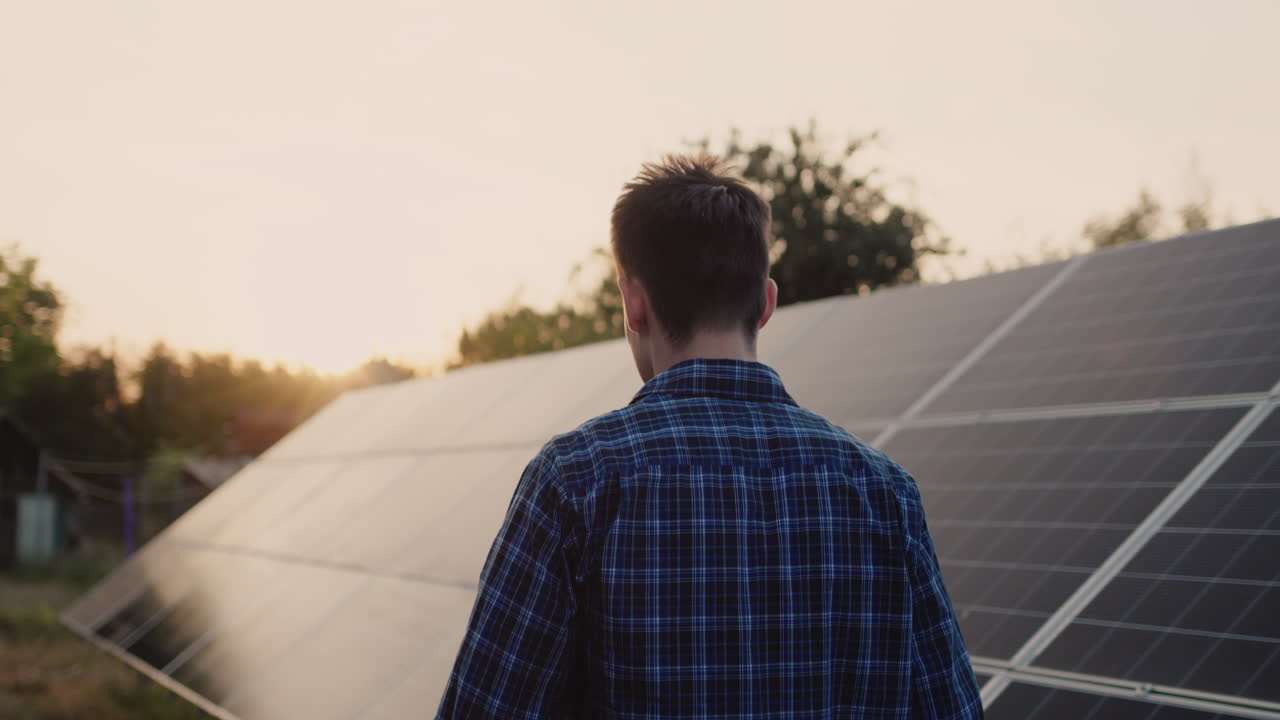 мужчина идет вдоль домашней солнечной электростанции