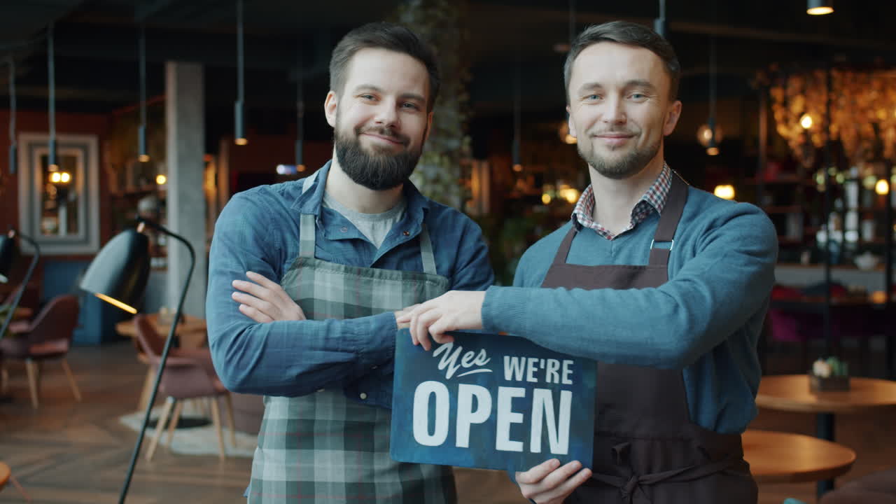Restaurant Staff Showing Open and Closed Signs