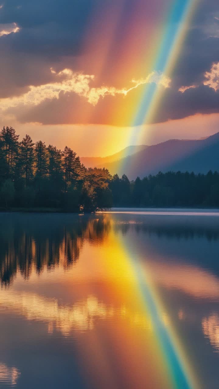 A serene landscape video captures a vibrant rainbow over a calm lake at sunset