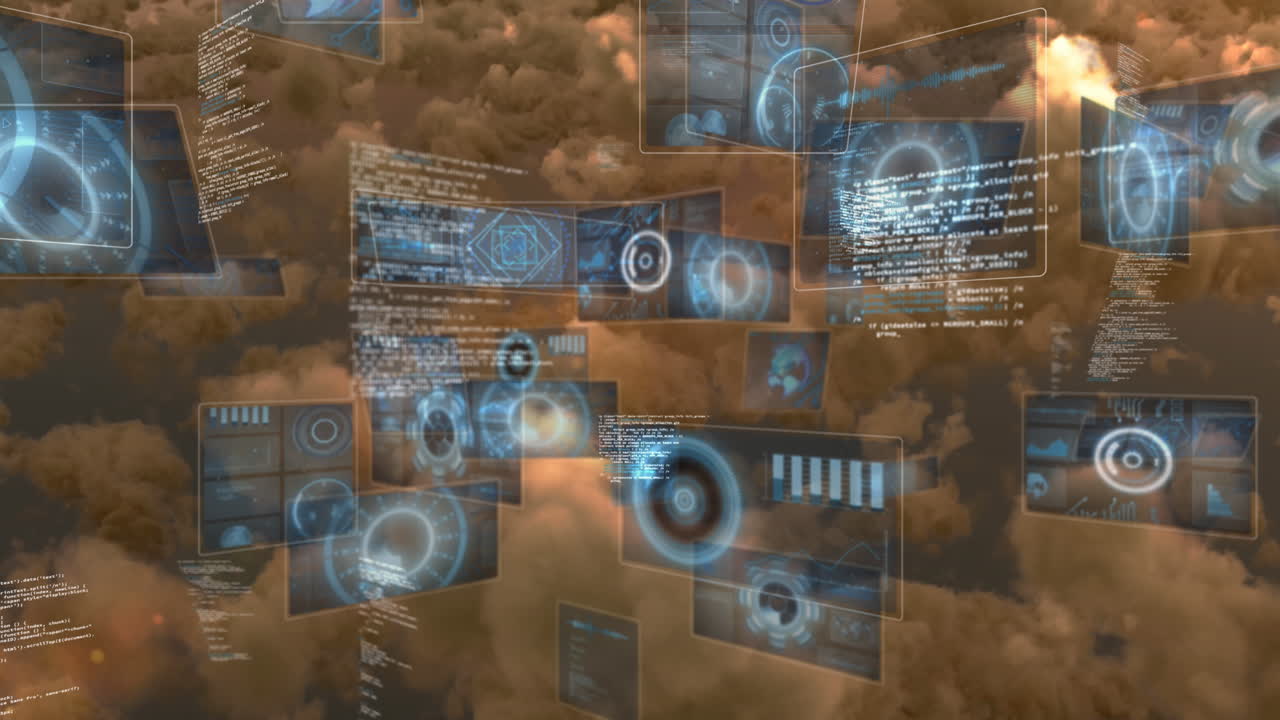 Animation of data processing over sky with clouds
