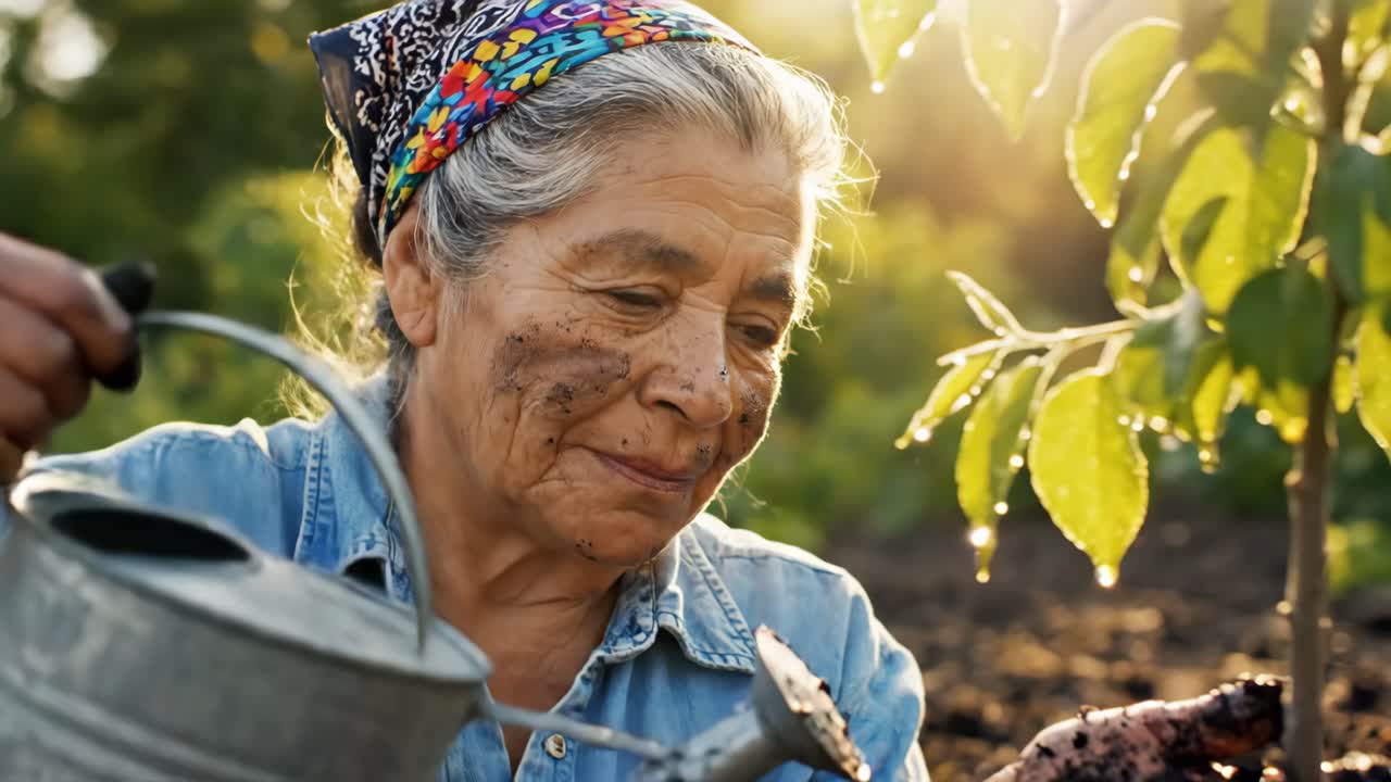 Senior woman gardening and planting a tree