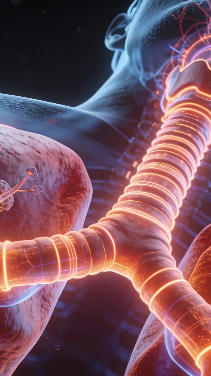 Vertical video: Pulling back camera showing pulsing airway in thorax to show rings, alveoli, spikes