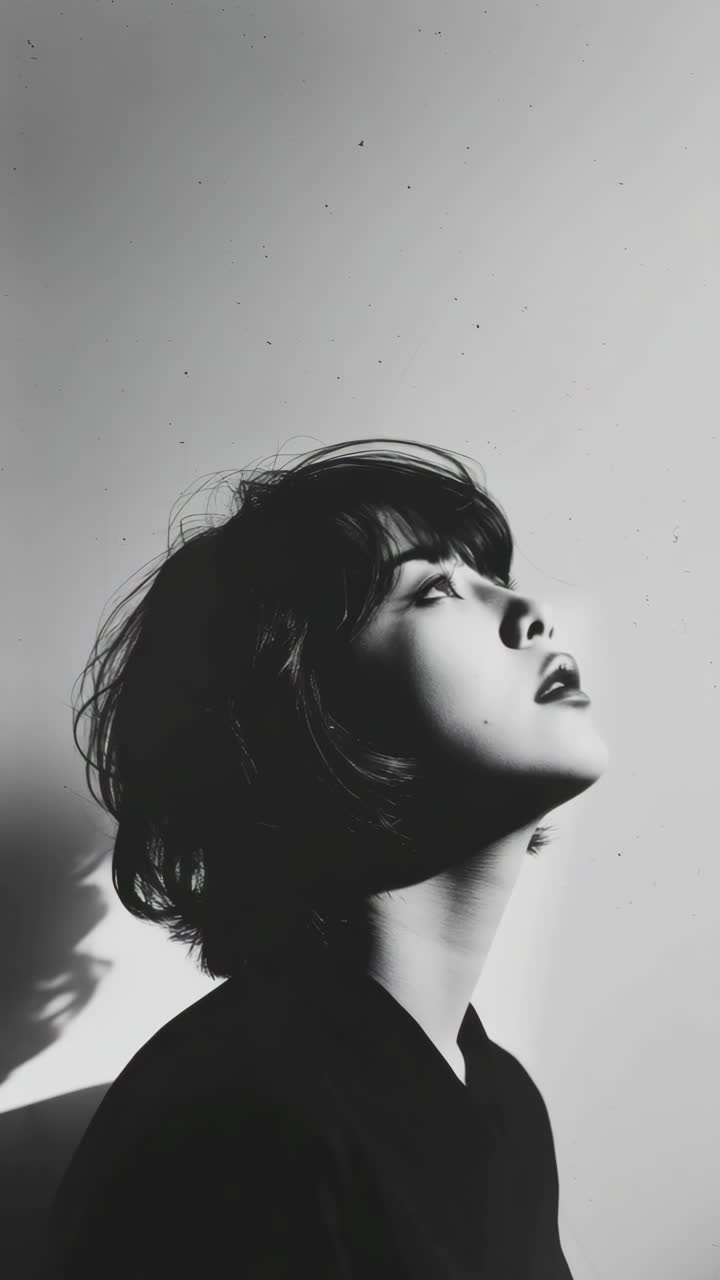 Dramatic black and white portrait with a side profile angle, capturing a cinematic video feel