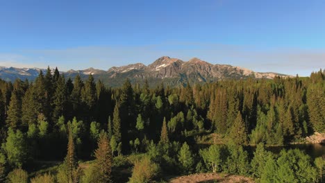 Drones-Volando-Sobre-El-Lago-Y-Los-Pinos-Para-Revelar-Un-Hermoso-Pico-Montañoso-Rodeado-De-Bosques