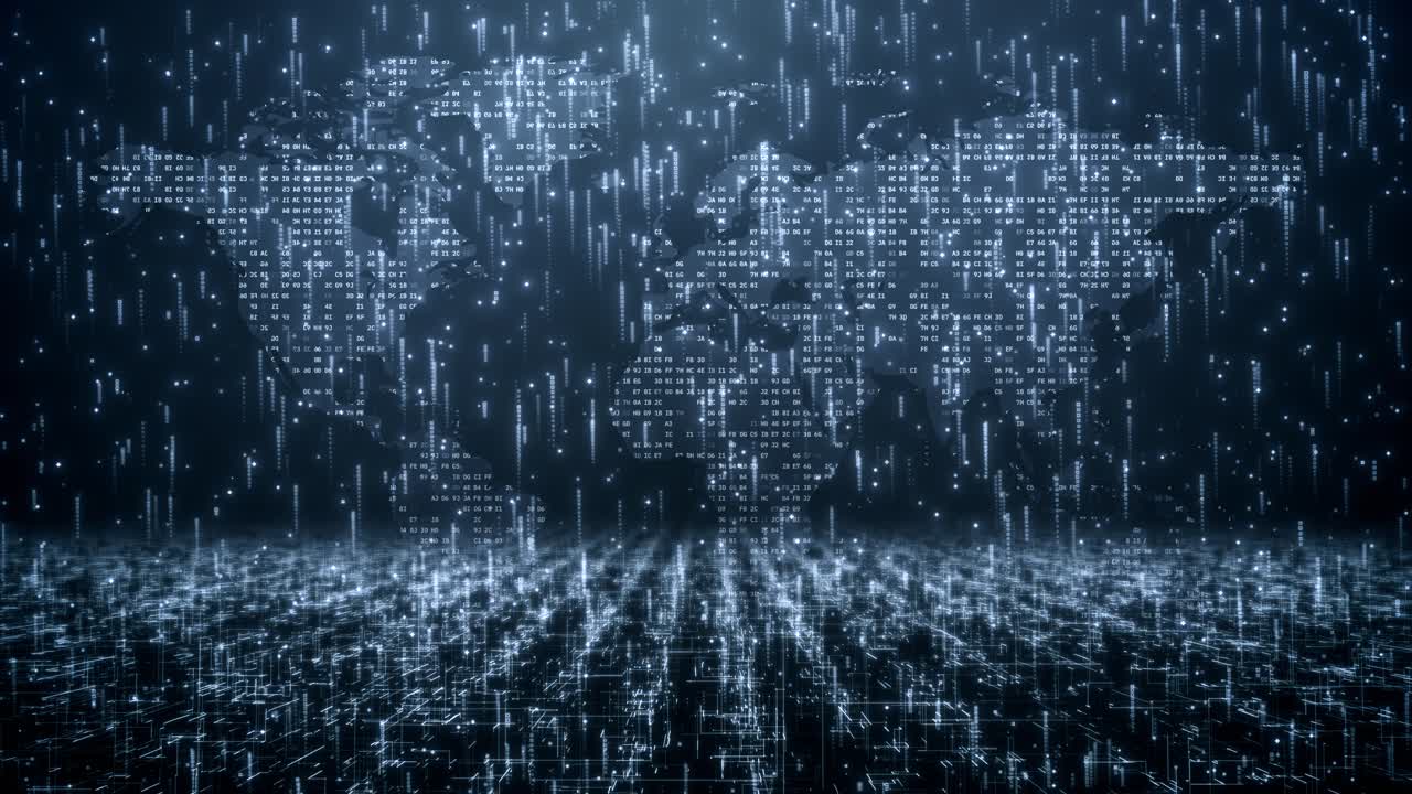 Blue Digital World Map with Rising Data Lines. Global Network and Cloud Computing Concept