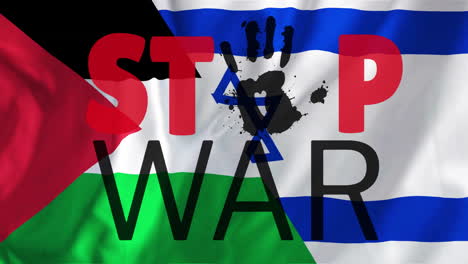 animation of stop war text over israeli and palestine flags