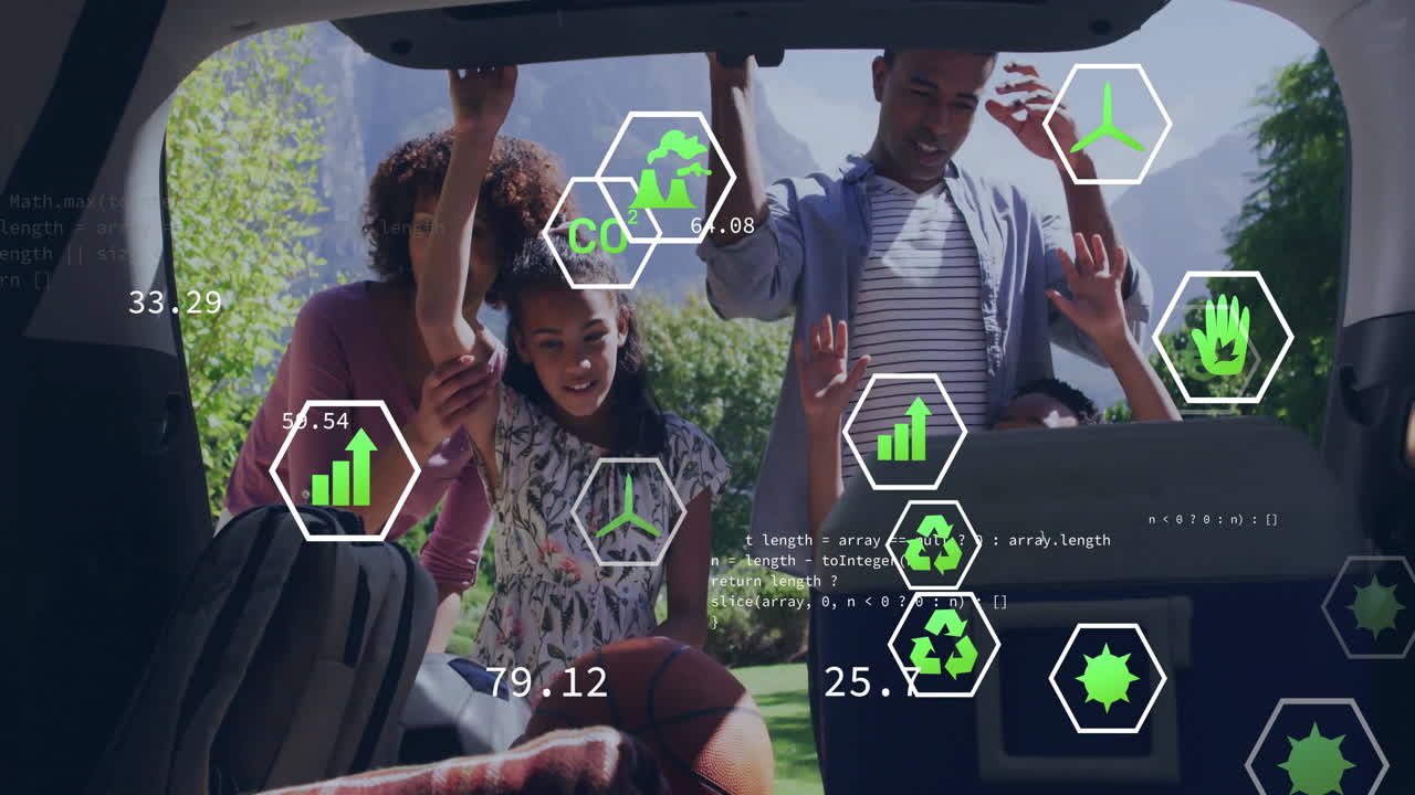 Family packing car with eco-friendly icons and data overlay animation