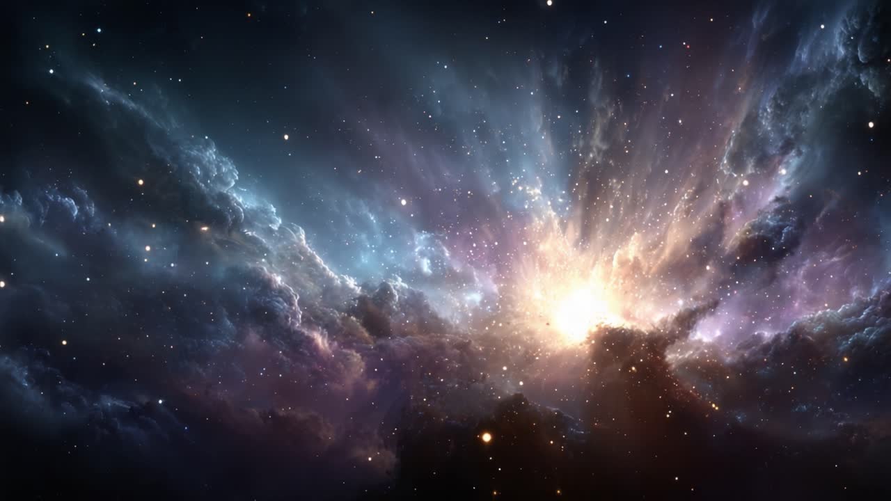 En fantastisk kosmisk uppvisning som fångar skönheten i en himmelsk explosion med livfulla färger, eteriska moln och avlägsna stjärnor som lyser upp universum.